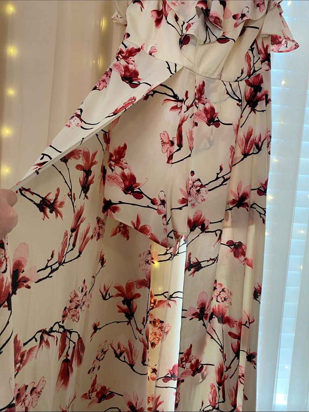 Cold-Shoulder Floral Jumpsuit in White & Pink - Picture 3 of 7